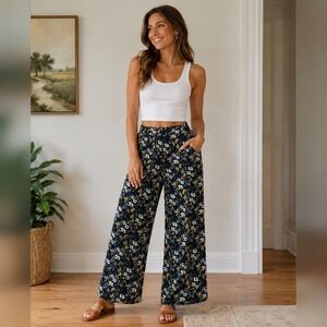Max Women‎ Blue Floral Wide Leg Pants High Waist Elastic Trousers UK 12 EUR 38